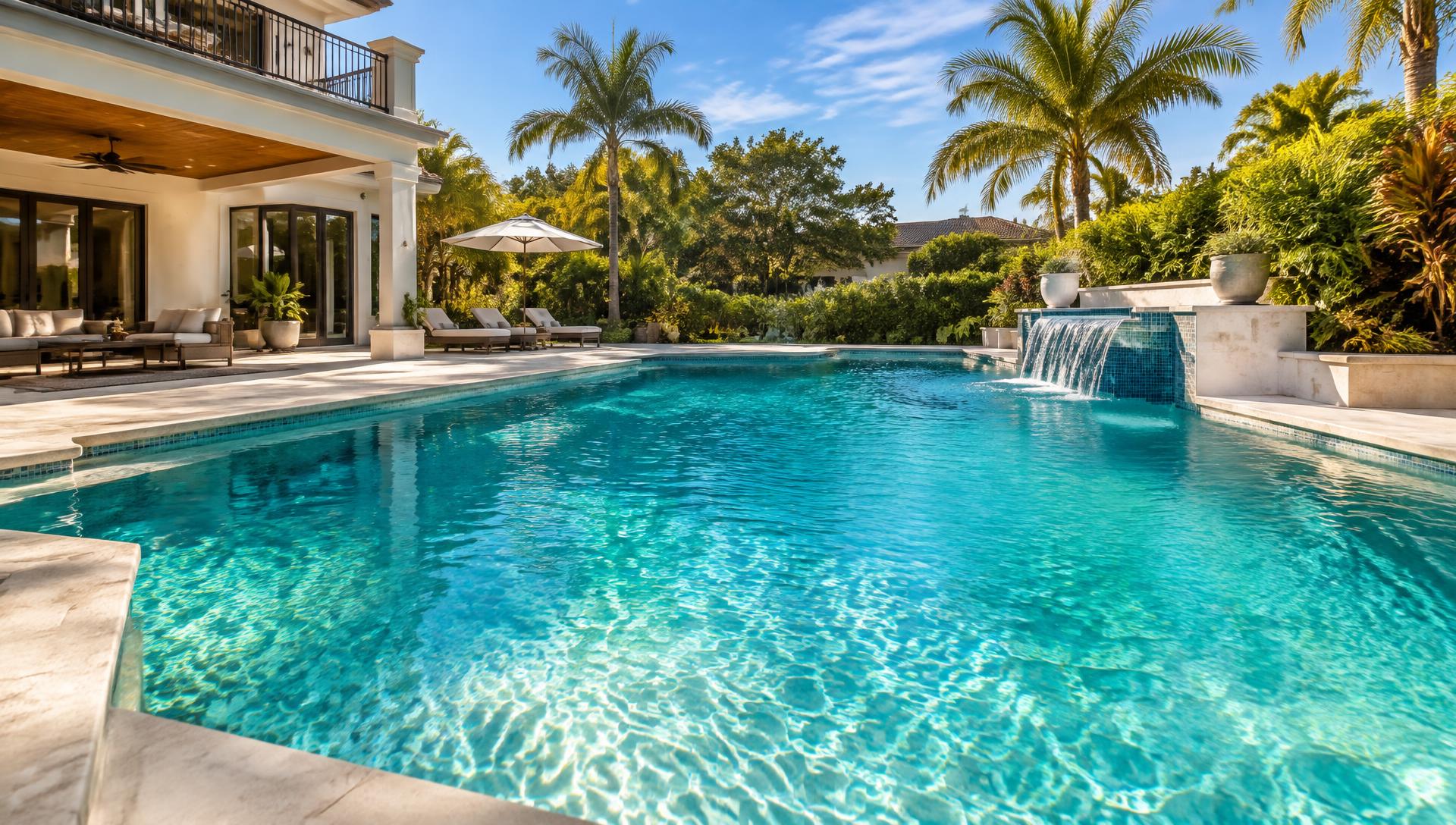 Crystal-clear residential swimming pool after professional cleaning