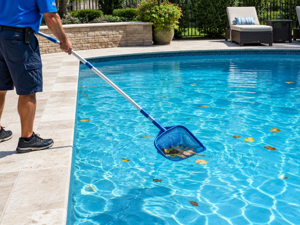 Pool technician skimming leaves from a residential pool